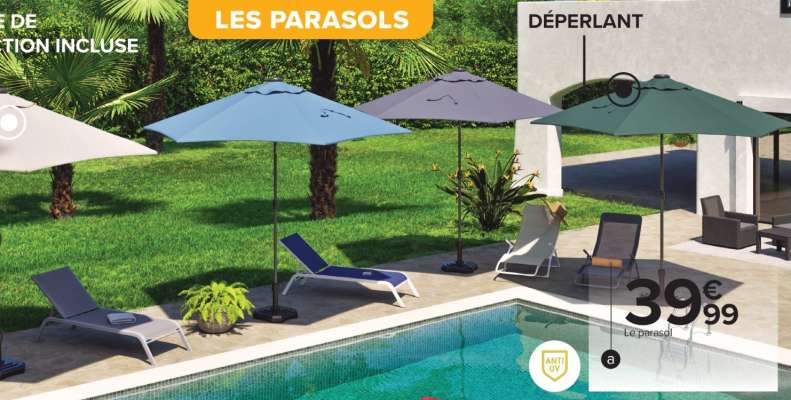 HYBA Parasol droit Lagoa - Dim. : Diam 300 x H 245 cm.  Mât inclinable en aluminium et 6 baleines en acier traité antirouille. Toile en polyester 180g/m2. Ouverture /fermeture par manivelle. Vendu sans pied de parasol.  Existe en différents coloris.