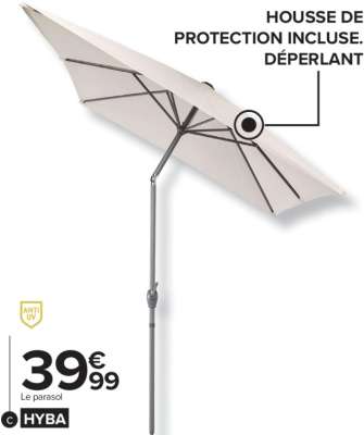 HYBA Parasol droit Malaga - Dim : L 200 x l 292 x H 265 cm. Structure en acier. Toile en polyester 180g/m². Ouverture/fermeture manuelle par manivelle, inclinable. Coloris gris. Vendu sans pied de parasol.