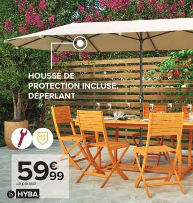 HYBA Parasol droit San Francisco - Dim. : L 210 x l 390 x H 236 cm. Baleines et mât en acier traité anti-rouille. Toile en polyester 180 g/m². Ouverture /fermeture par manivelle. Vendu sans pied de parasol.