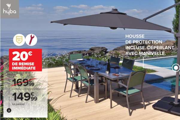 HYBA Parasol excentré Ronda 350 - Dim.: Ø 350 x H 258 cm. Parasol excentré rotatif 360° avec structure acier et aluminium. Toile en polyester 200g/m². Vendu sans pied de parasol. Coloris gris.