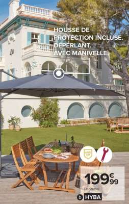 HYBA Parasol excentré Roma - Dim : L 400 x l 300 x H 275 cm. Mât et baleines en aluminium, toile en polyester 200g/m2. Rotation 360°, housse de protection incluse. Coloris gris.