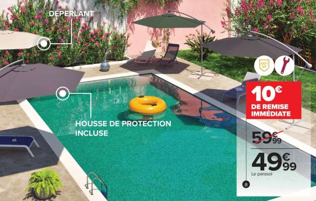 HYBA Parasol excentré Ronda 300 - Dim. : Ø 300 x H 253 cm. Parasol excentré rotatif 360°, avec une base en croix. Structure en acier, toile 100 % polyester. Housse de protection incluse. Vendu sans pied de parasol. Existe en différents coloris.