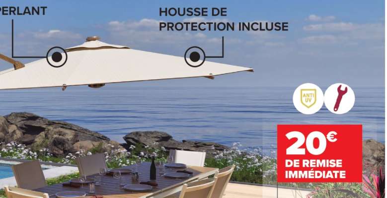HYBA Parasol excentré Ronda 350 HT - Dim : Ø 350 x H 258 cm. Parasol excentré rotatif 360° avec structure acier et aluminium. Mât avec revêtement imitation bois. Toile en polyester 200 g/m². Vendu sans pied de parasol. Coloris sable.