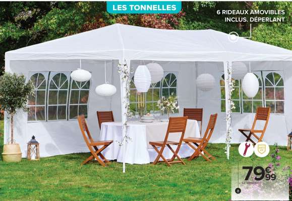 Tonnelle de cérémonie Madrid - Dim. : L 600 x l 300 x H 260 cm. Structure en acier. Toile en polyéthylène 100 g/m² avec 6 rideaux. Coloris blanc. Vendu sans pied de lestage.