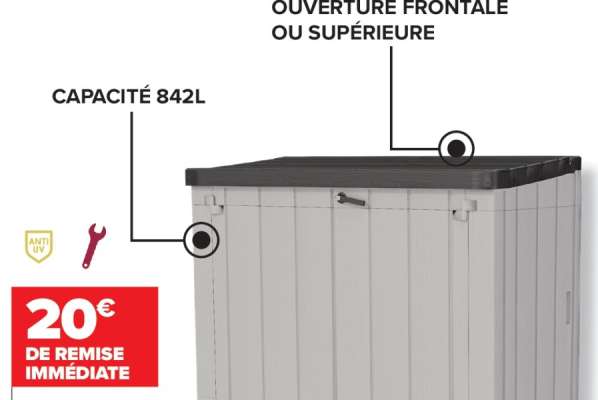 TOOMAX Coffre Storer Plus 842 L - Dim. ext. hors tout : L 129 x P 74 x H 111 cm. Dim. int. : L 113 x P 63 x H 95 cm. Structure en résine et vérins hydrauliques. Idéal pour stocker de gros outils, des vélos ou même 2 poubelles de 120L. grâce à sa grande capacité de stockage 842 L. Coloris Gris taupe.  Fond inclus avec rampe. Fermeture avec cadenas <6 mm (cadenas non inclus).