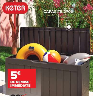 KETER Coffre de rangement HOLLYWOOD - Dim. : L 118 x P 45 x H 57 cm. Structure en polypropylène aspect lattes de bois. Facile d'entretien, résistant aux intempéries et aux rayons UV.