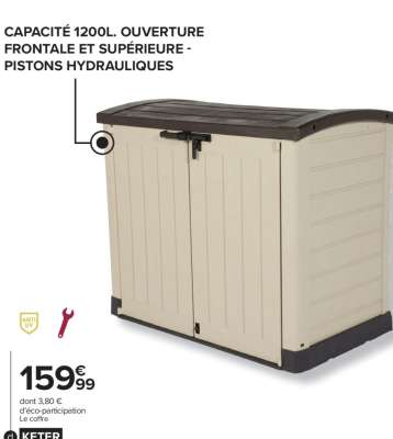 KETER Coffre Arc 1200L - Dim. : L 146 x P 83 x H 120 cm.  En polypropylène, imitation lattes de bois. Etanche.  Ouverture du coffre assistée par 2 vérins. Plancher de sol avec seuil incliné. Ouverture sur le dessus et sur le devant. Contenance 1200 Litres.