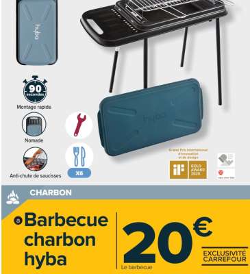 HYBA Barbecue charbon HYBA S20 - Sur pieds. Facile à utiliser, la grille est réglable en hauteur. Cuve en acier et grille anti chute en acier chromé. Surface de cuisson : 36 x 23,5 cm. Montage et démontage rapide. Transport et stockage facile.