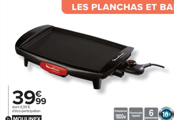 MOULINEX Plancha électrique - Ref : CB560811.  • Plaque de cuisson anti-adhésive (36 x 26 cm) et bac récupérateur de graisses compatibles lave-vaisselle
• Compacte pour un rangement facile