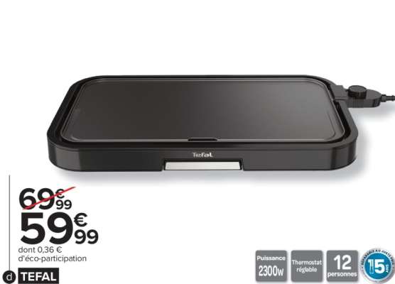 TEFAL Plancha électrique - Ref : CB631810.  . Surface de cuisson XXL : 55 x 30,4 cm.
. Revêtement antiadhésif
. Bac à jus amovible