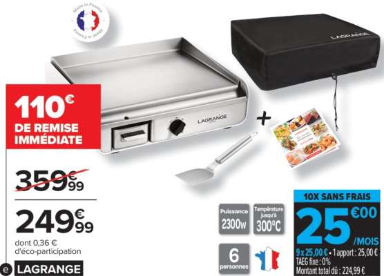 LAGRANGE Plancha semi professionnelle - Ref : 219114.  • Plaque de cuisson (45 x 33 cm) en acier inoxydable, garantie 10 ans
• 4 pieds réglables pour relever l'arrière ou l'avant
• Inclus : spatule/grattoir, housse de protection, livre de recettes
