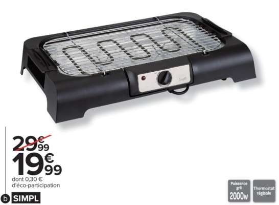 SIMPL Barbecue électrique de table - Ref : SBG2000-24.  . Surface de cuisson : 40 x 23,5 cm
. Grille amovible
. Bac récupérateur de graisse : toujours y mettre de l'eau avant utilisation