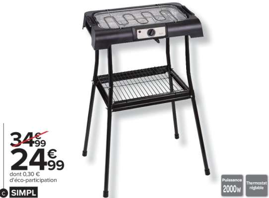SIMPL Barbecue électrique sur pieds - Ref : SBG2000S-24.  . Surface de cuisson : 40 x 23,5cm ; Hauteur : 89 cm
. Grille amovible
. Bac récupérateur de graisse : toujours y mettre de l'eau avant utilisation