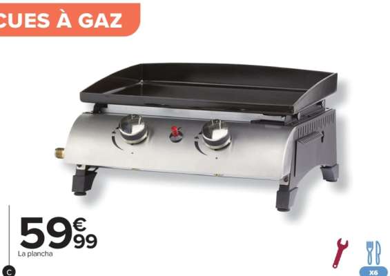 Plancha gaz Sydney - A poser, 2 brûleurs en acier inoxydable. Plaque de cuisson en acier émaillé dim. : 42,5 x 33,5 cm. Allumage piezzo électrique et récupérateur de graisses intégrés. Montée en température rapide.
