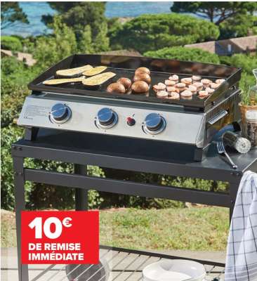 Plancha gaz Arona - A poser, 3 brûleurs inox. Puissance totale de 7,5 kW. Dim. plaque de cuisson : 64 x 36 cm. Allumage piezzo électrique et récupérateur de graisses intégrés.
