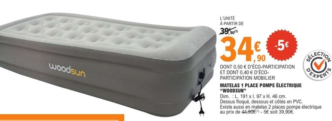 MATELAS 1 PLACE POMPE ÉLECTRIQUE "WOODSUN"