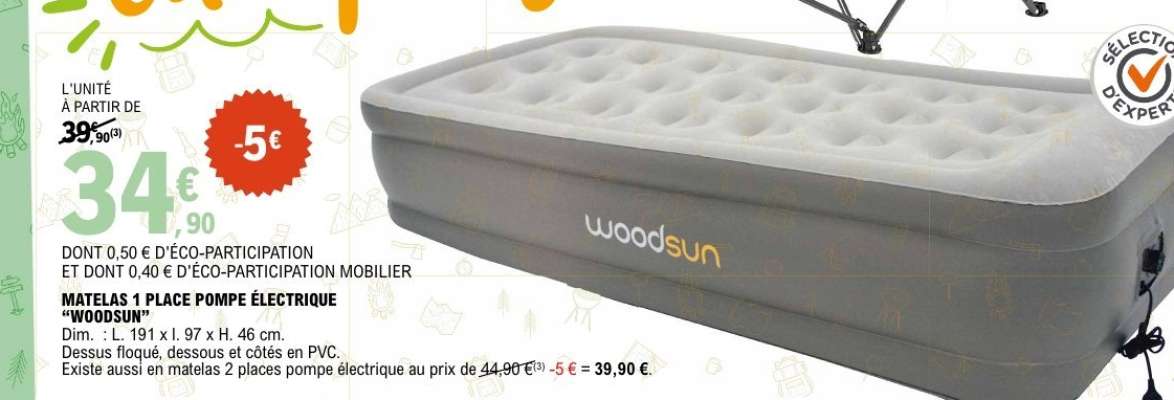 MATELAS 1 PLACE POMPE ÉLECTRIQUE "WOODSUN"