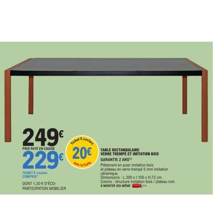 TABLE RECTANGULAIRE VERRE TREMPÉ ET IMITATION BOIS