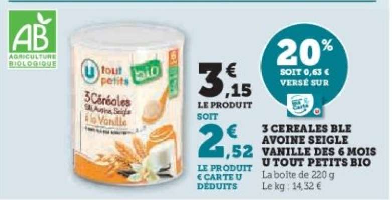 3 Céréales Blé Avoine Seigle Vanille des 6 Mois U Tout Petits Bio