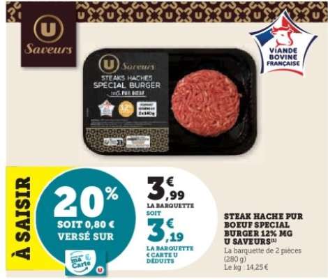 STEAK HACHE PUR BOEUF SPECIAL BURGER 12% MG U SAVEURS