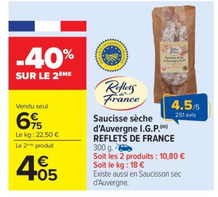 Saucisse sèche d'Auvergne I.G.P. REFLETS DE FRANCE