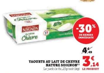 Yaourts au lait de chèvre nature Soignon