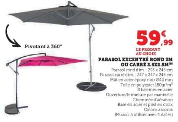 Parasol excentré rond 3m ou carré 2.5x2.5m