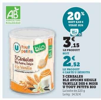 3 Céréales Blé Avoine Seigle Vanille des 6 Mois U Tout Petits Bio