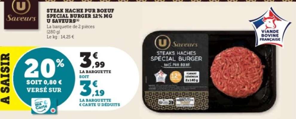 STEAK HACHE PUR BOEUF SPECIAL BURGER 12% MG U SAVEURS