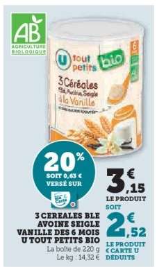 3 Céréales Blé Avoine Seigle Vanille des 6 Mois U Tout Petits Bio