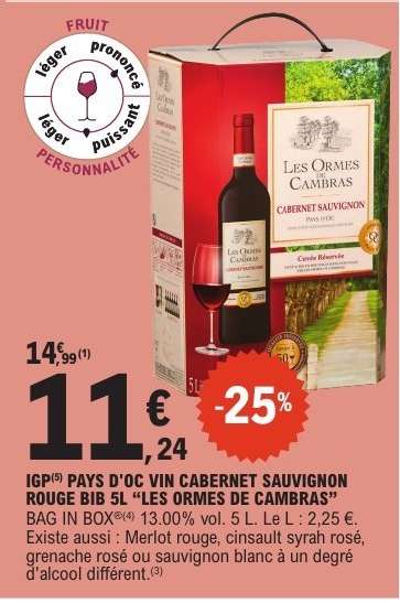 IGP Pays d'Oc Vin Cabernet Sauvignon Rouge BIB 5L 'Les Ormes de Cambras'