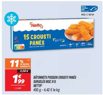 Bâtonnets Poisson Crousti Panés Surgelés MSC X15 Netto
