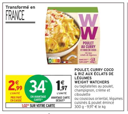 POULET, CURRY COCO & RIZ AUX ÉCLATS DE LÉGUMES WEIGHT WATCHERS