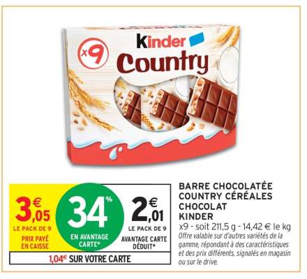 BARRE CHOCOLATÉE COUNTRY CÉRÉALES CHOCOLAT KINDER