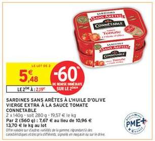 Sardines sans arêtes à l'huile d'olive vierge extra à la sauce tomate Connétable