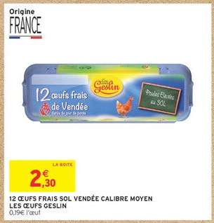 12 ŒUFS FRAIS SOL VENDÉE CALIBRE MOYEN LES ŒUFS GESLIN