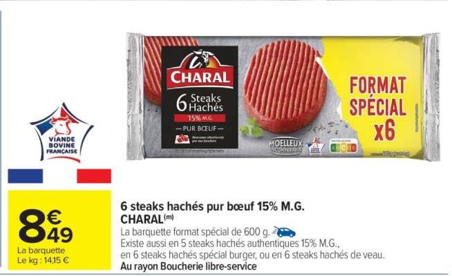 6 steaks hachés pur bœuf 15% M.G. CHARAL
