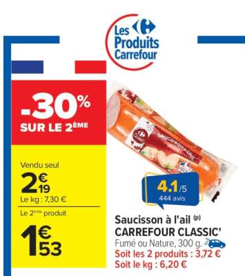Saucisson à l'ail CARREFOUR CLASSIC'