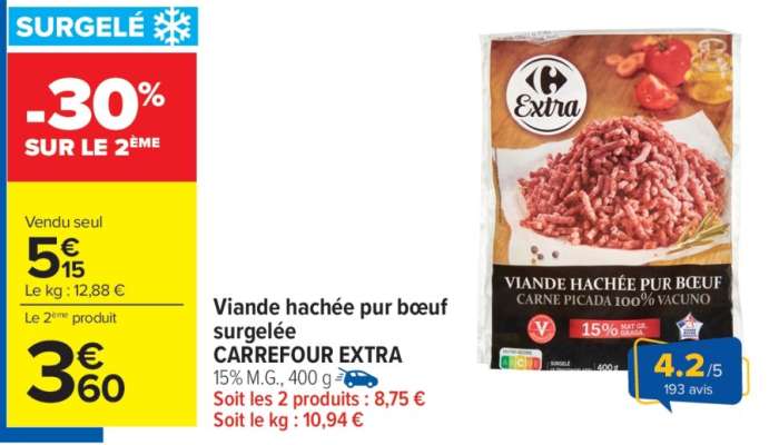 Viande hachée pur bœuf surgelée CARREFOUR EXTRA