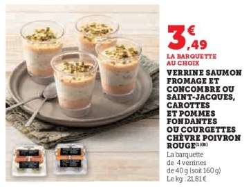 Verrine Saumon Fromage et Concombre ou Saint-Jacques, Carottes et Pommes Fondantes ou Courgettes Chèvre Poivron Rouge