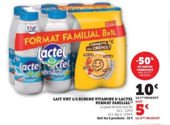LAIT UHT 1/2 ECREME VITAMINE D LACTEL FORMAT FAMILIAL