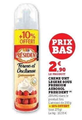 CREME UHT LEGERE SOUS PRESSION AEROSOL PRESIDENT
