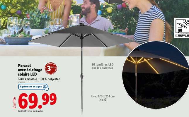Parasol avec éclairage solaire LED