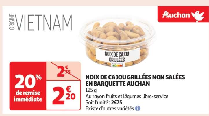 Noix De Cajou Grillées Non Salées En Barquette Auchan