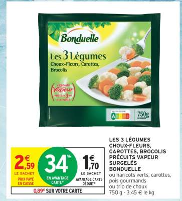 LES 3 LÉGUMES CHOUX-FLEURS, CAROTTES, BROCOLIS PRÉCUITS VAPEUR SURGELÉS BONDUELLE