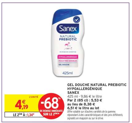 GEL DOUCHE NATURAL PREBIOTIC HYPOALLERGÉNIQUE SANEX