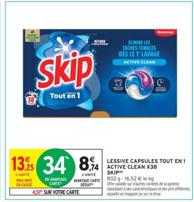 LESSIVE CAPSULES TOUT EN 1 ACTIVE CLEAN X38 SKIP