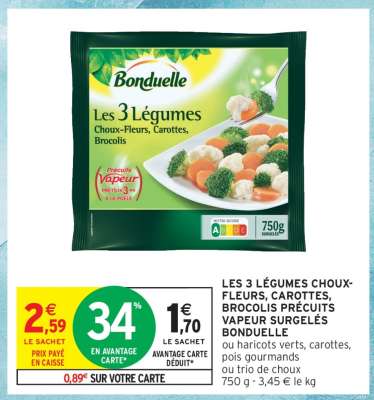 LES 3 LÉGUMES CHOUX-FLEURS, CAROTTES, BROCOLIS PRÉCUITS VAPEUR SURGELÉS BONDUELLE