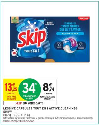 LESSIVE CAPSULES TOUT EN 1 ACTIVE CLEAN X38 SKIP