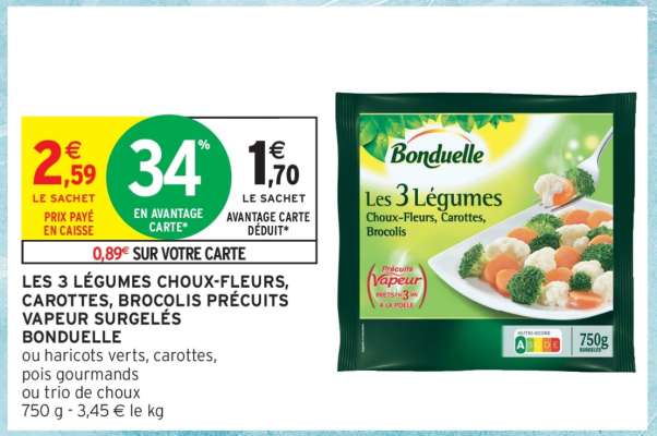 LES 3 LÉGUMES CHOUX-FLEURS, CAROTTES, BROCOLIS PRÉCUITS VAPEUR SURGELÉS BONDUELLE